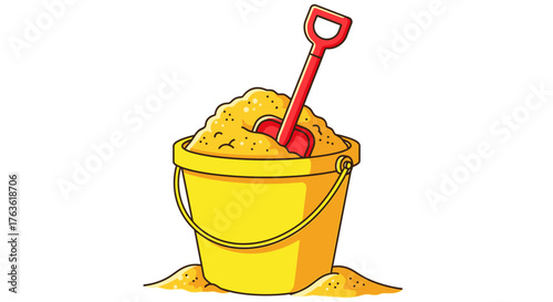 Cartoon bucket filled with sand and a red shovel for summer fun