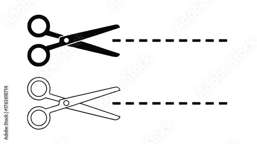 A simple black and white illustration showing two pairs of scissors with dotted lines indicating cutting paths.  
