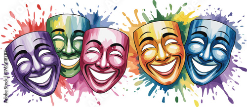 Colorful watercolor illustration of comedy theater masks with paint splashes, artistic celebration of joy and expression, vibrant abstract artwork design