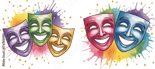 Colorful watercolor illustration of comedy theater masks with paint splashes, artistic celebration of joy and expression, vibrant abstract artwork design