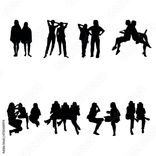 Set of vector silhouettes woman at home. Ideal for use in interior design layout or another design presentation. 