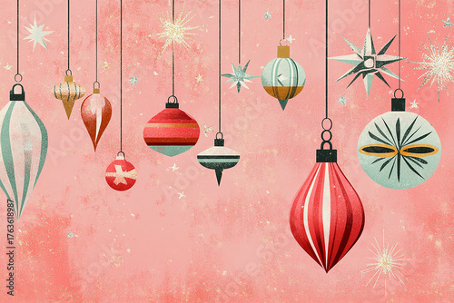 Retro hanging Christmas baubles and stars in gold, red, and mint tones against a textured pink background.