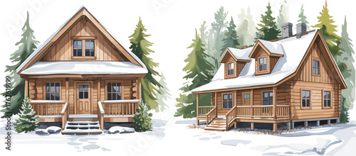Cozy wooden cabins in snowy forest landscape, rustic winter cottages surrounded by pine trees, peaceful countryside homes covered in snow, watercolor illustration