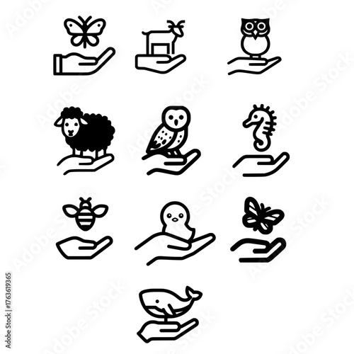 Animal Icon Set on Human Palm Featuring Butterfly Sheep Owl Seahorse Bee and Whale in Flat Style