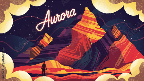 A stylized digital illustration of a mountain landscape at night, set against a deep navy blue starry sky 