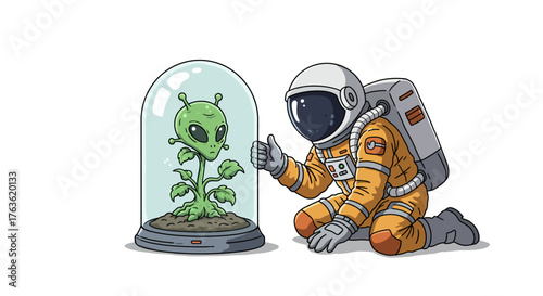 Astronaut meeting cute alien plant in space adventure cartoon