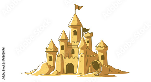 Cartoon sandcastle with bucket for summer beach vacations design