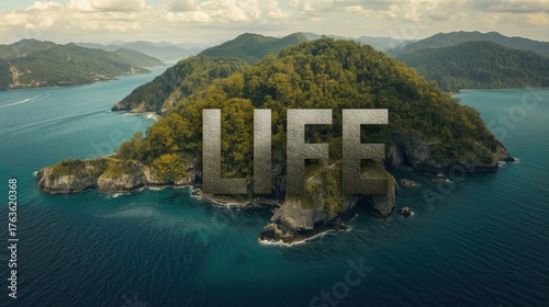 Aerial View of Tropical Island with 'LIFE' Text Overlay