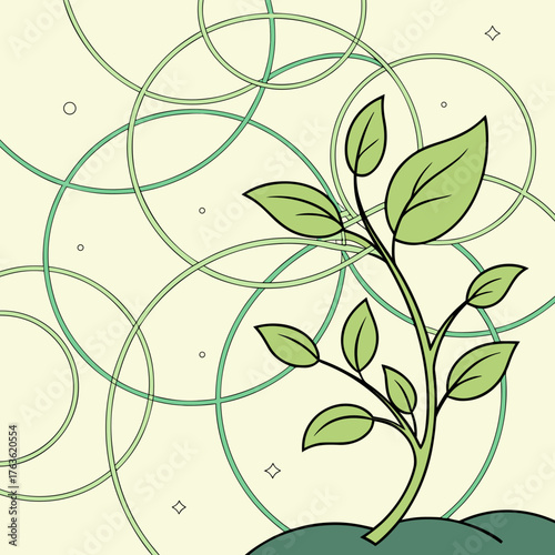 Green plant growing from soil with circular background