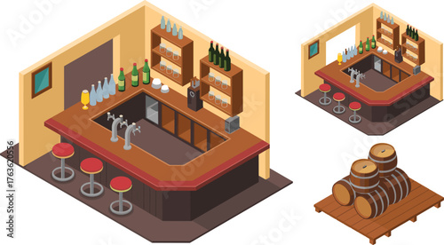 Isometric 3D illustration of cozy rustic bar interior with stools, bottles, beer taps and wooden barrels for pub design concept