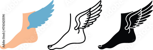 Three illustrations of feet with wings attached to the ankles area