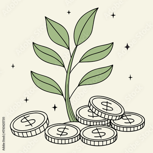 Plant growing from coins symbolizing financial growth