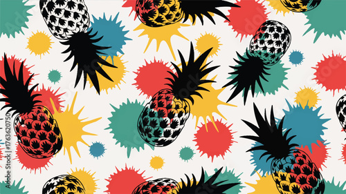 A vibrant, abstract pattern design featuring black spiky pineapples silhouettes scattered across a white background. 