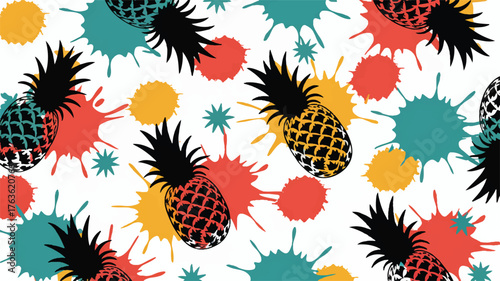 A vibrant, abstract pattern design featuring black spiky pineapples silhouettes scattered across a white background. 