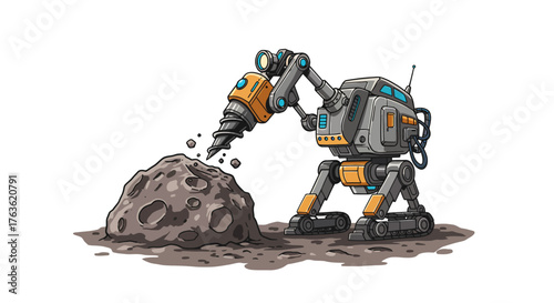 Futuristic robot miner drilling on alien planet surface