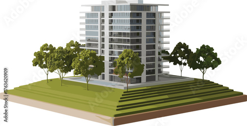 Modern apartment building surrounded by green trees, eco friendly architecture, sustainable urban housing concept, 3D rendering on white background