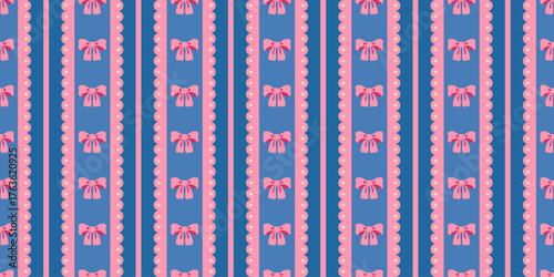 Seamless vintage Christmas pattern with pink bows and stripes on a blue background. Retro festive design ideal for wrapping paper, holiday textiles, greeting cards, and seasonal crafts.