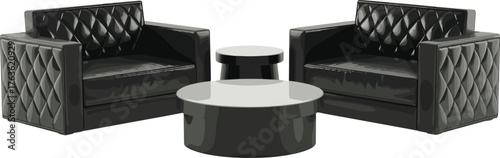 Modern black leather armchairs and coffee table set, luxury interior furniture design, minimal living room decor, elegant home seating arrangement