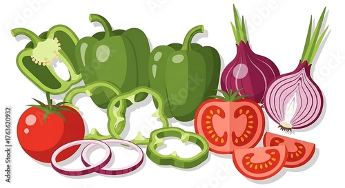 Freshly Sliced and Whole Vegetables - Bell Peppers, Tomatoes, and Onions.