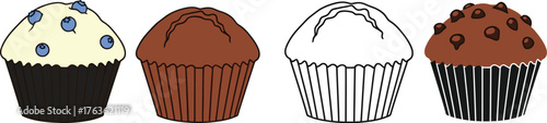 Illustration of four muffins with different toppings and one outline