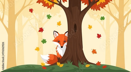Fox enjoying autumn under a tree with falling leaves illustration.