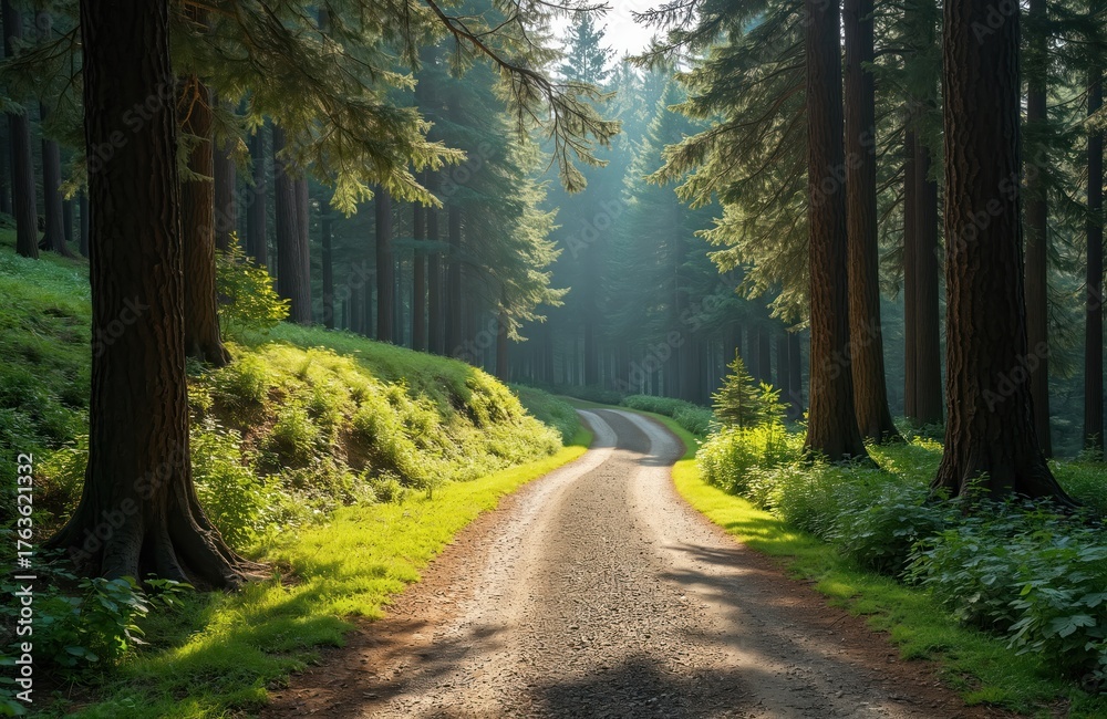 Obraz premium Scenic photo shows path winding through old forest. Sun shines on green grass and trees. Walkway leads into peaceful wood in daytime. Forest scene with sunny sunlight.