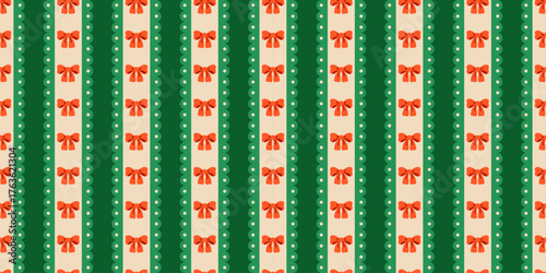 Seamless vintage Christmas pattern with red bows and green stripes. Retro festive background perfect for wrapping paper, fabric, packaging, and holiday projects inspired by nostalgic seasonal charm.