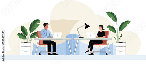 Modern office illustration with two colleagues working on laptops, minimal workspace design, indoor plants and creative professional teamwork concept
