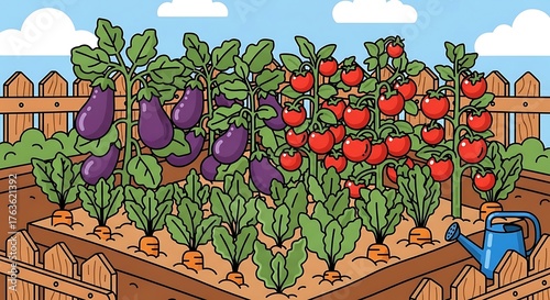 Vibrant Vegetable Garden with Eggplants Tomatoes and Carrots.