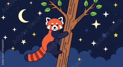 Cute Red Panda Climbing Tree at Night with Stars and Moon.