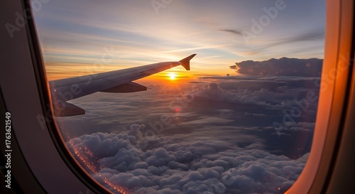 Airplane wing against a beautiful sunset sky seen through the window.