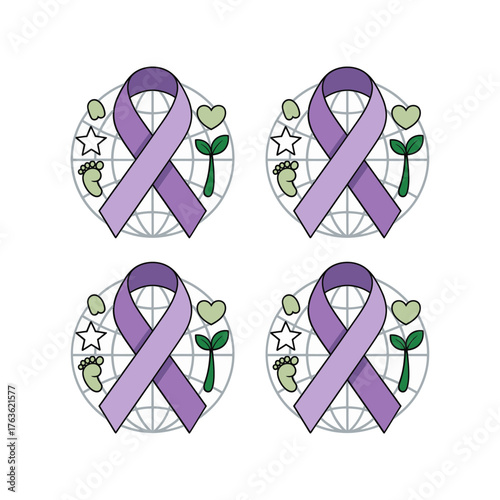 Four Diamond Ribbons, Botanical Accents, Prematurity Awareness Collection, Gentle Support, Healing Hope, Compassionate Care, Decorative Vector Pack