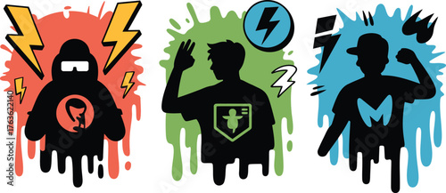 Dynamic trio of silhouetted figures with graffiti splash and lightning elements