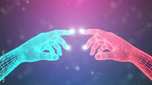 Digital Hands Touching with Glowing Energy Connection – Technology and Humanity Concept Animation