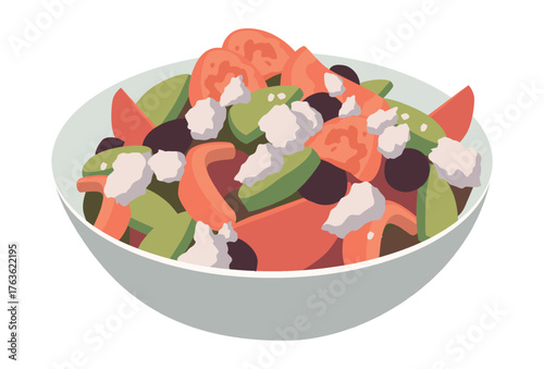 Realistic dish of Greek salad on white background - Vector illustration