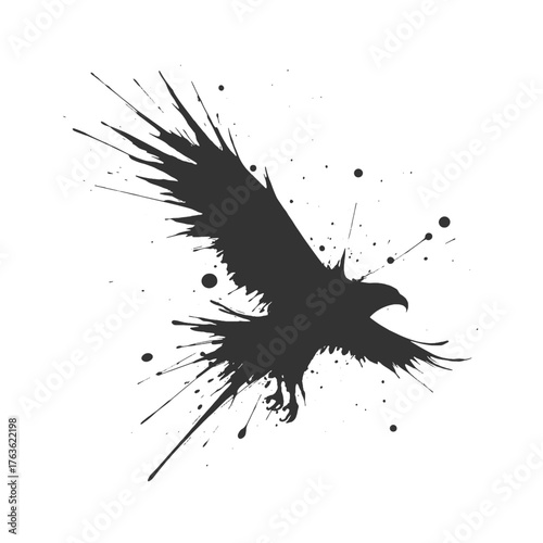 Dynamic black ink illustration of an eagle in flight with splatter effects. Perfect for tattoo, poster, or freedom concept art.
