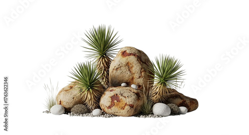 Desert scene with yucca plants and rocks isolated on transparent background