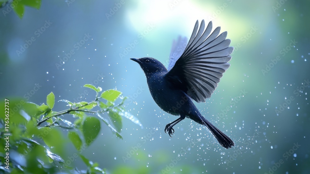 Obraz premium A vibrant bird soars through the rain and sunlight, surrounded by lush greenery in a tranquil scene