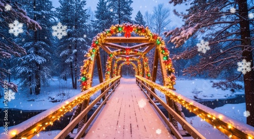 Snowy winter bridge adorned with christmas lights and decorations in a forest