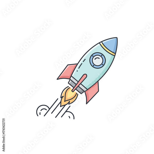 A cheerful blue rocket with red fins launches skyward