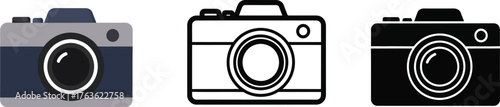 Three camera icons in color outline and black on a white background