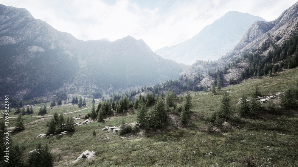 Fototapeta premium Rolling hills covered in vibrant green grass extend beneath towering mountains. Soft morning light filters through, creating a peaceful atmosphere in natures embrace.