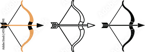 Three bow and arrow designs in color outline and solid black versions