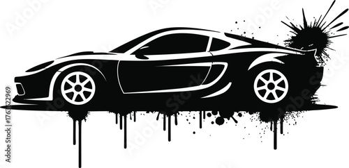Dynamic silhouette of a sports car with spray paint splatter effect
