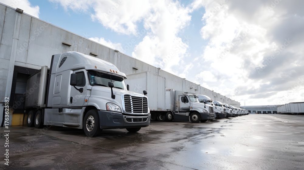 Obraz premium Commercial semi trailer trucks lined up at a warehouse loading dock under a cloudy sky