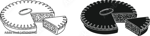 Illustration of a pie with a slice cut out in color and black and white