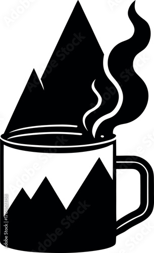 Hot beverage icon vector illustration: a black silhouette of a coffee or tea cup with steam, perfect for a cafe symbol or breakfast sign