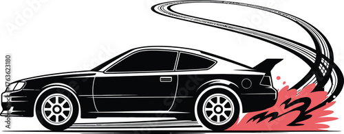 Dynamic sports car silhouette performing a burnout with smoke and fire trails