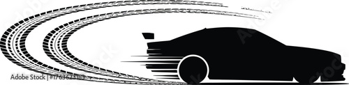 Sports car silhouette drifting with tire marks creating a dynamic curve