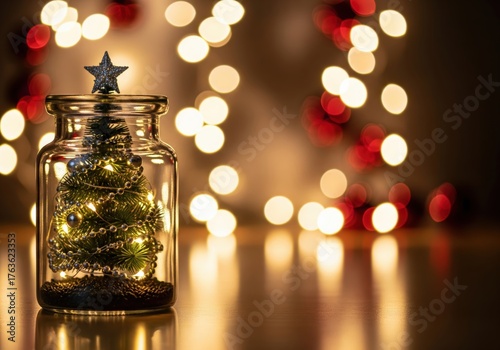 Enchanting Miniature Christmas Tree in a Jar with Twinkling Bokeh Lights Creating a Festive and Magical Atmosphere